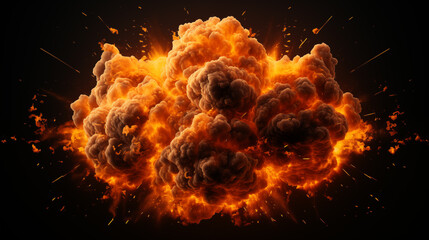 Realistic fiery bomb explosion with sparks and smoke isolated on black background - obrazy, fototapety, plakaty