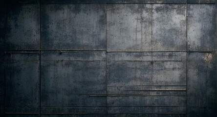 Textured image of an aged blue metal wall with evident welding seams and a dominant horizontal line