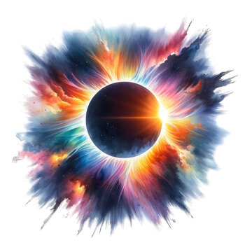 Solar eclipse, watercolor style, white background