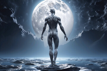 A powerful, muscular figure is depicted in front of a striking full moon, evoking a sense of myth and power - obrazy, fototapety, plakaty