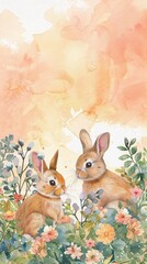 Bunnies crafting Easter wreaths from wildflowers, peaceful watercolors, overhead, golden sunset