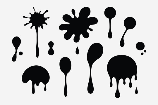 Set of black ink splashes and drops. Different hand drawn spray design elements. Blobs and spatters. Isolated vector illustration