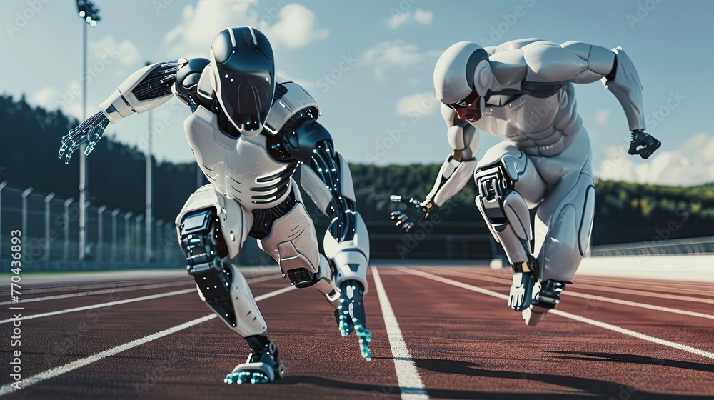 Poster two humanoid robots racing on an athletic track, showcasing futuristic technology in competitive spo