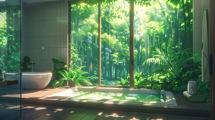 A contemporary bathroom with floor-to-ceiling windows offering a tranquil view of a verdant forest, blending indoor comfort with natural beauty. Modern Bathroom Overlooking Lush Forest

