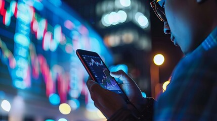 Close-up of a man using a smartphone to monitor stock market trends against the backdrop of vibrant city lights at night. Man Checking Stock Market on Smartphone at Night


