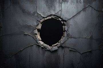 Image of a dark, textured wall with a circular hole, conveying a sense of mystery and breakthrough - obrazy, fototapety, plakaty