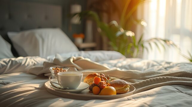 Tray with tasty breakfast on bed in interior of room , Cozy morning breakfast in bed on a tray. Orange juice, fruits and other tasty food. indoor horizontal background