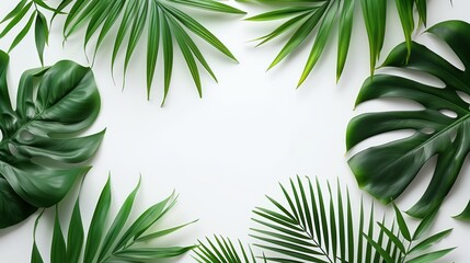 Fototapeta na wymiar Tropical leaves border on a white background with copy space.