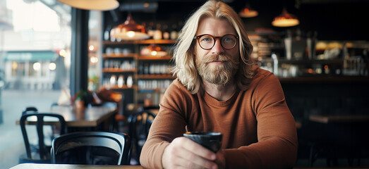 Handsome bearded man with long hair and glasses looking to the camera, sitting at a table inside a trendy cafeteria. A cup of hot fresh coffee in his hand.
