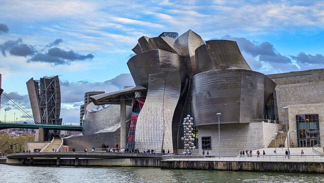 Bilbao, Spain; march 27th 2024: Nervion river and Guggenheim Bilbao Museum, Bilbao, Spain