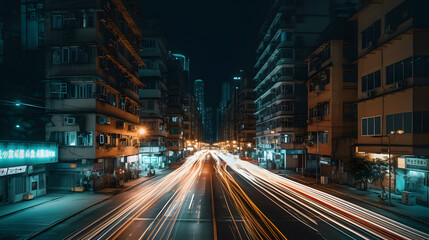Fototapeta na wymiar the night time light trails through buildings with traffic lights
