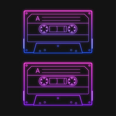 Neon retro audio pink cassette tape, a vector illustration set. Isolated on the black background