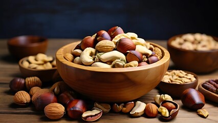 Varity of nuts on the wooden bowl
