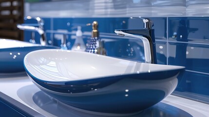 White top ceramic washbasin, glossy metal mixer and blue bathroom furniture, Wash basin in the toilet , Modern faucet and wash basin in luxury bathroom
 - obrazy, fototapety, plakaty