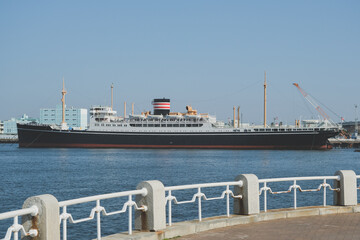 Classic historic cruiseship cruise ship ocean liner Hikawa Maru in Yokohama port near Tokyo, Japan