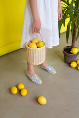 lemons in a straw basket on a yellow background