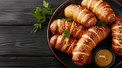 Mini pretzel hot dog pigs in a blanket with dijon mustard for dipping. with copy space image. Place for adding text or design