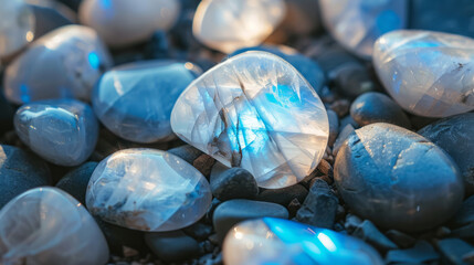 Fototapeta premium Iridescent blue moonstone gemstones clustered together, shimmering with light on a rocky surface