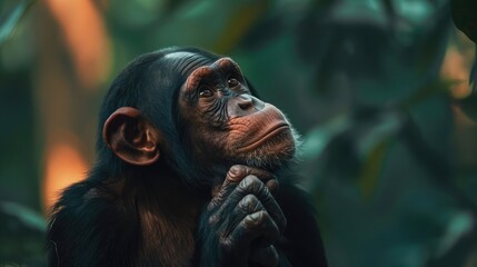 chimpanzee thinking with hand on its chin, staring thoughtfully, curious like asking a question, sitting and relax in the nature Concept biodiversity and wildlife conservation - obrazy, fototapety, plakaty