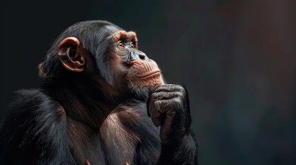 chimpanzee thinking with hand on its chin, staring thoughtfully, curious like asking a question, sitting and relax in the nature Concept biodiversity and wildlife conservation - obrazy, fototapety, plakaty