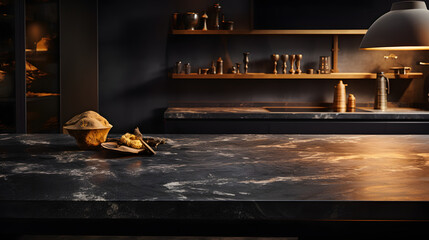 a black marble countertop on an oak table