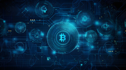 a blue background with symbols of bitcoins and financial technology on it - obrazy, fototapety, plakaty