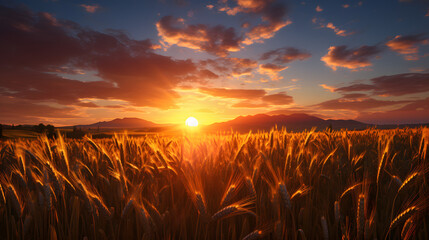 a field of wheat at sunset with sunrise - obrazy, fototapety, plakaty