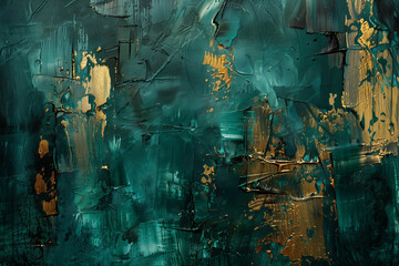 
acrylic painting style abstraction in deep green colors with gold accents