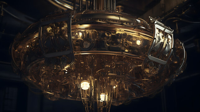 a futuristiclooking chandelier suspended over a room