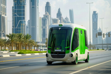 Modern automated food delivery robot drives along a city street. Autonomous innovative bot for parcel delivery