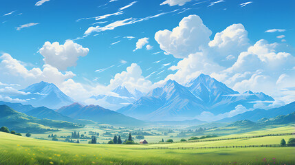 Obraz premium a green field in a blue sky with mountain peaks