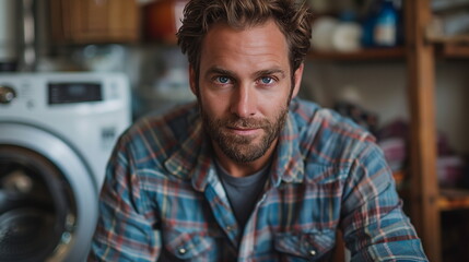 Man Sitting in Front of Washing Machine