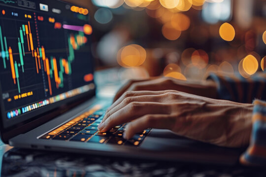A person is analyzing financial data on a laptop, with colorful graphs displayed. The intersection of technology and human decision-making in modern financial analysis