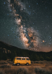 Fototapeta na wymiar Camper van parked at night in national park. Milky way in the night sky. Outdoors. Adventure. Travel. Atmospheric ambient lighting. Van life. Explorers. 