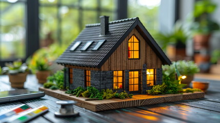 Small Model House on Wooden Table - obrazy, fototapety, plakaty