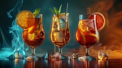 three different cocktails stand in a row with glasses filled with ice and pieces of fruit. Concept: bar menu, alcoholic drinks for parties, copy space banner - obrazy, fototapety, plakaty
