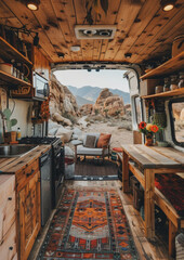 Fototapeta premium Interior view of camper van looking out to national park desert. Bed, kitchen, pillows and travel comfort. Outdoors. Adventure. Travel. Cozy van life. Explorers.