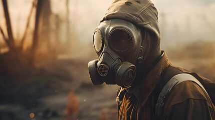 a man wearing a gas mask in front of smoke