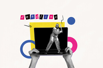 Collage image of funky sportsman african man standing keyboard working deadline concept isolated on...