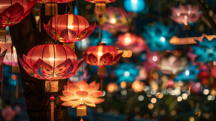 Tranquil scene showcases numerous colorful lanterns illuminating a street, evoking feelings of celebration and cultural festivity