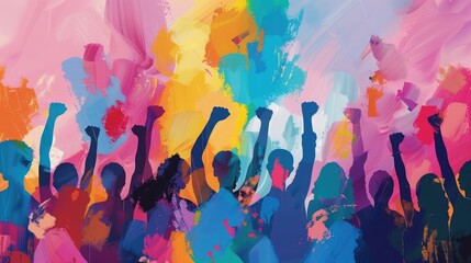 Colorful illustration of a group of women raising their fists. Gender equality and International Women's Day concept.