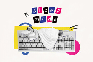 Collage artwork sketch of dreamy sleepy cute woman lying enjoying relax rest sleep mode isolated on...