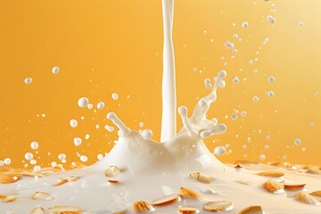 Splashing Milk with Floating Almond Flakes on Vibrant Yellow to Orange Background - obrazy, fototapety, plakaty