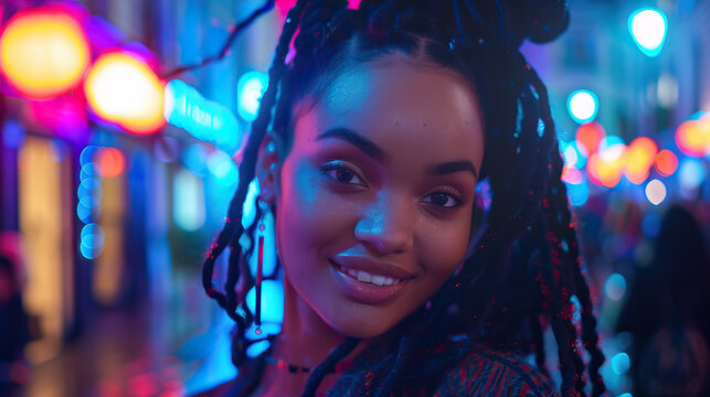 Portrait photography, close-up, modern, macro, isolated, attractive black woman smiling on a busy city street with iridescent neon lights during a street party