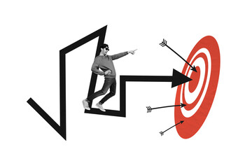 Creative collage young confident man laughing pointint finger aim target archery arrows hit center...