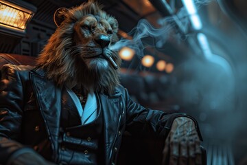 A moody noir inspired shot of a lion in a tailored mafia outfit leaning against a starships corridor with a cigar - obrazy, fototapety, plakaty