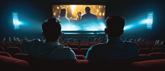 Same-sex couple enjoying movie date in modern cinema hall.