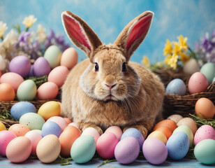Easter bunny with many easter eggs