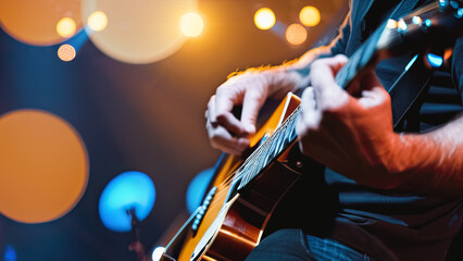 Musician with guitar on blurred concert background