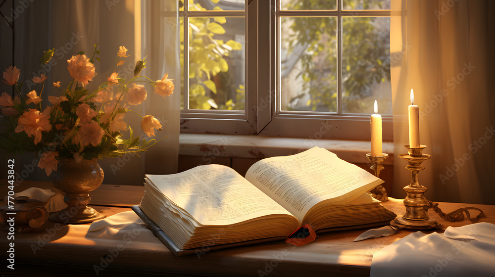 Poster an open bible on a table with light coming in through a window